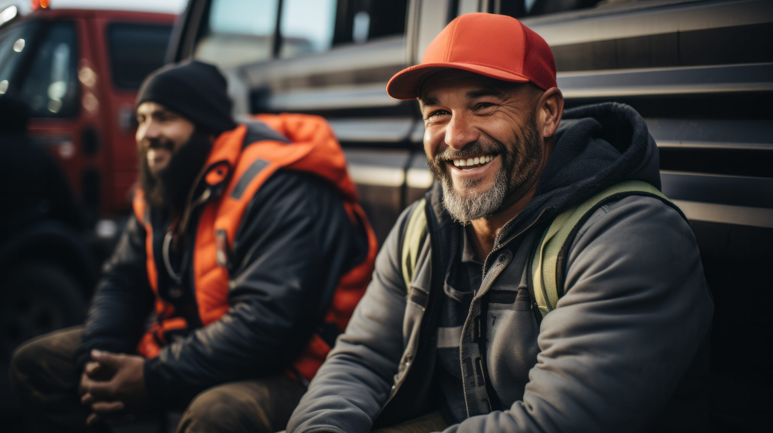 Two truckers sitting on a bench talking in a blurry truck background